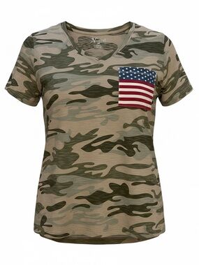 Natural Reflections Camo V-Neck Pocket Tee with Flag Patch - Women Size S